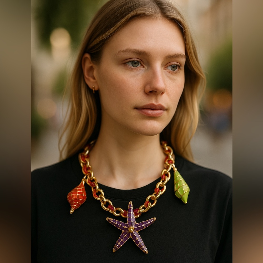 NWT Bold Statement Necklace with Starfish & Colorful Charms Bohemian